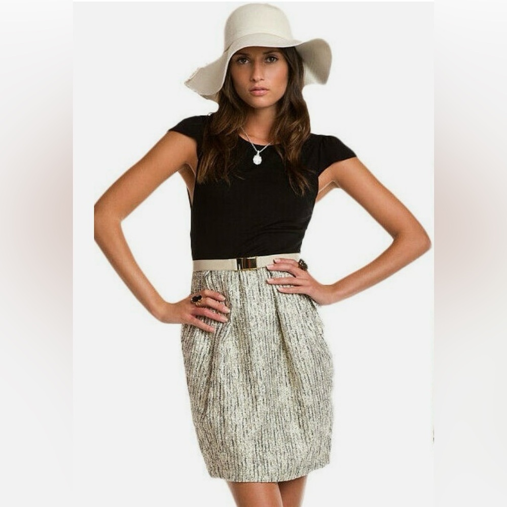 Alice + Olivia Dress NWTAndrea Black Combo Metallic Skirt Belted Luxury Business